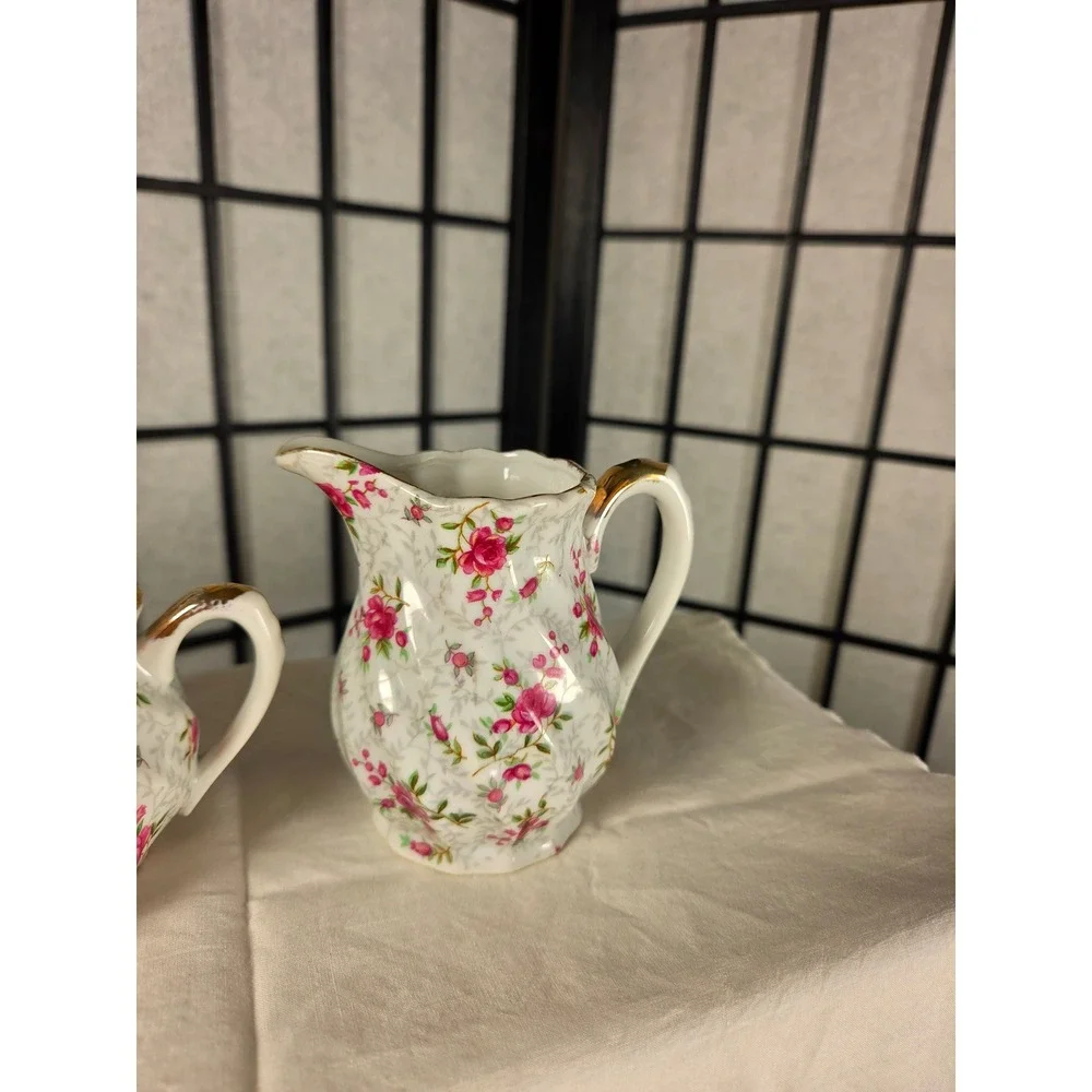 Vintage Porcelain Pink Rosebud Creamer and Lidded Sugar Bowl Set Gold Trim